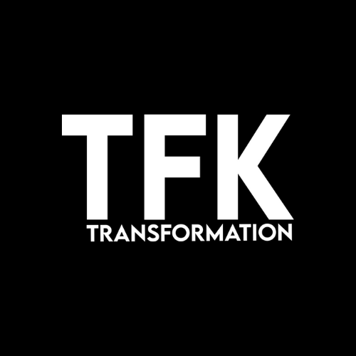 TFK Transformation logo in white bold text on a black background