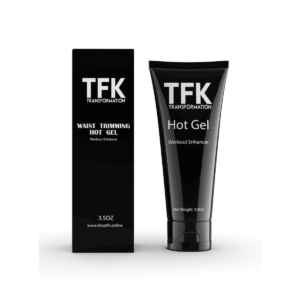 TFK Waist Trimming Hot Gel product packaging featuring a sleek black tube and matching box with bold white branding, designed for fitness enhancement and waist trimming results.