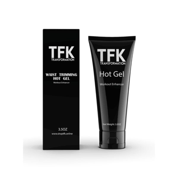 TFK Waist Trimming Hot Gel product packaging featuring a sleek black tube and matching box with bold white branding, designed for fitness enhancement and waist trimming results.