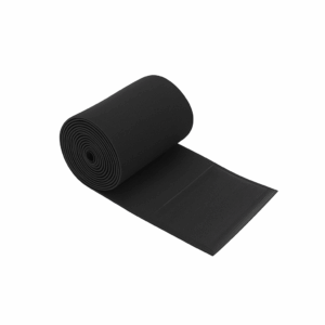 TFK Transformation black waist wrap band laid flat and partially unrolled on a white background.