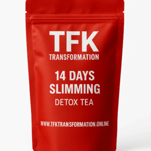 Red stand-up pouch labeled “TFK 14 Days Slimming Detox Tea,” representing TFK Transformation’s signature detox tea product.