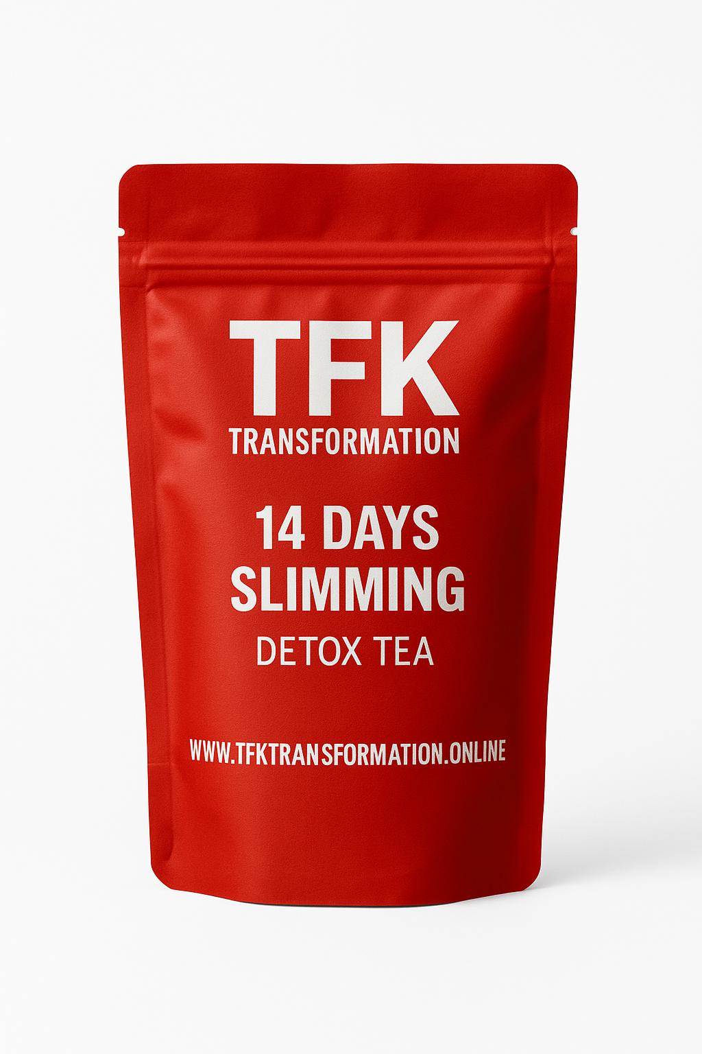 Red stand-up pouch labeled “TFK 14 Days Slimming Detox Tea,” representing TFK Transformation’s signature detox tea product.